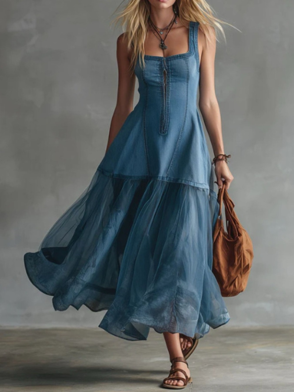 Sleeveless Tulle Patchwork Denim Dress